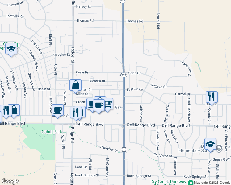 map of restaurants, bars, coffee shops, grocery stores, and more near 3803 Village View Lane in Cheyenne