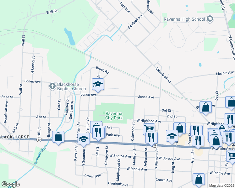 map of restaurants, bars, coffee shops, grocery stores, and more near 895 Jones Avenue in Ravenna