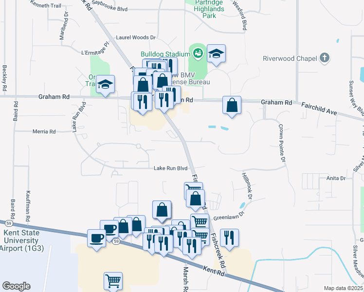 map of restaurants, bars, coffee shops, grocery stores, and more near 3946 Fishcreek Road in Stow