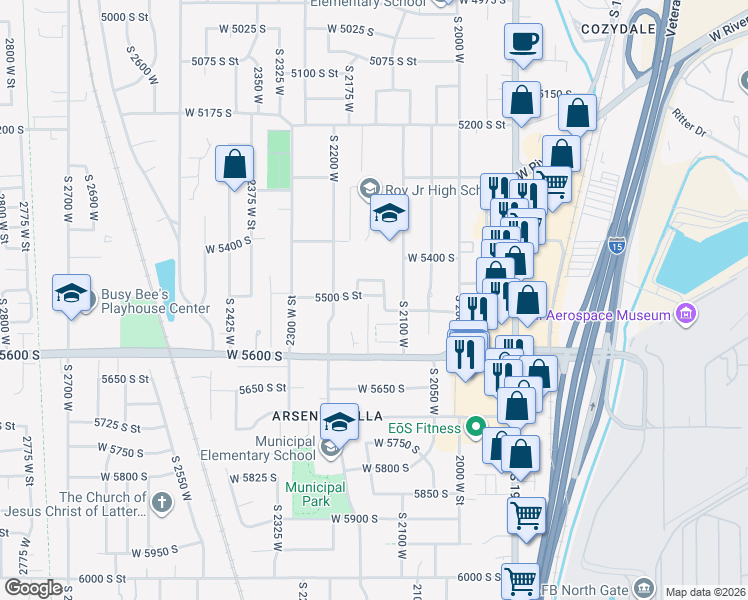 map of restaurants, bars, coffee shops, grocery stores, and more near 2155 5500 South Street in Roy