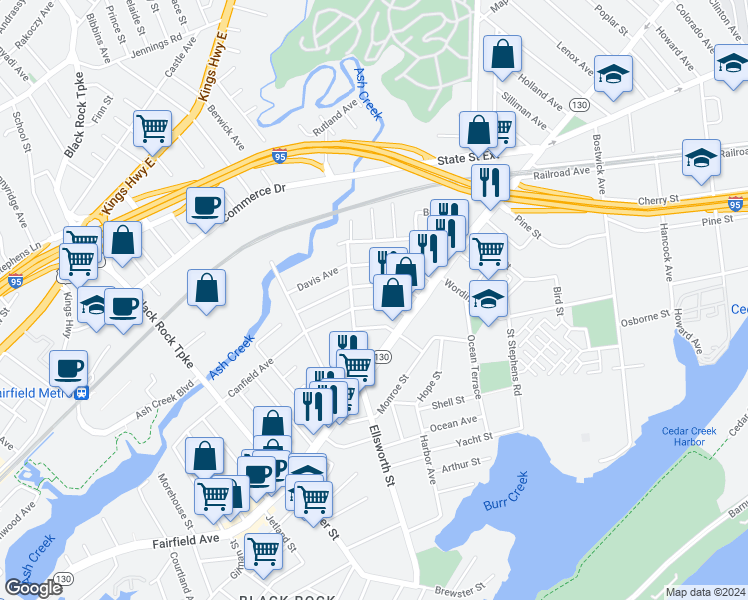 map of restaurants, bars, coffee shops, grocery stores, and more near 63 Waldorf Avenue in Bridgeport