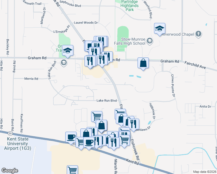 map of restaurants, bars, coffee shops, grocery stores, and more near 3946 Fishcreek Road in Stow