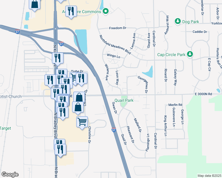 map of restaurants, bars, coffee shops, grocery stores, and more near 1217 Winans Avenue in Bourbonnais