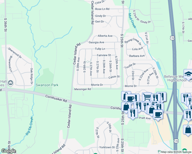 map of restaurants, bars, coffee shops, grocery stores, and more near 2701 Calvin Street in Bellevue
