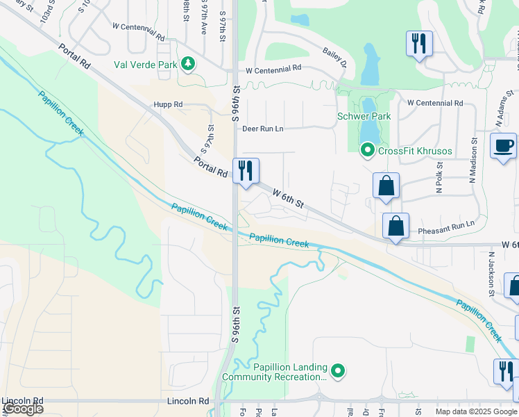 map of restaurants, bars, coffee shops, grocery stores, and more near 1341 West 6th Street in Papillion