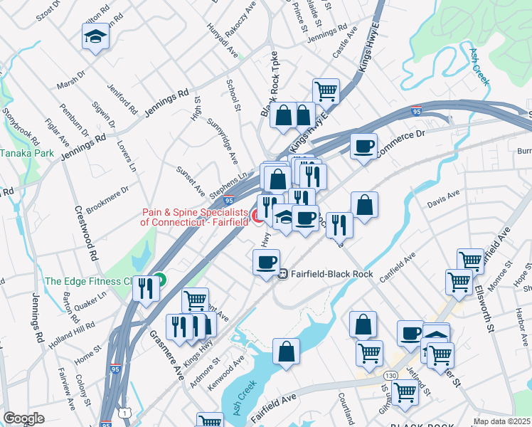 map of restaurants, bars, coffee shops, grocery stores, and more near 1201 Kings Highway in Fairfield