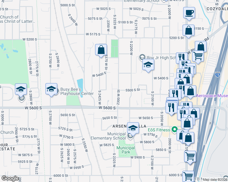 map of restaurants, bars, coffee shops, grocery stores, and more near 5502 2350 West Street in Roy
