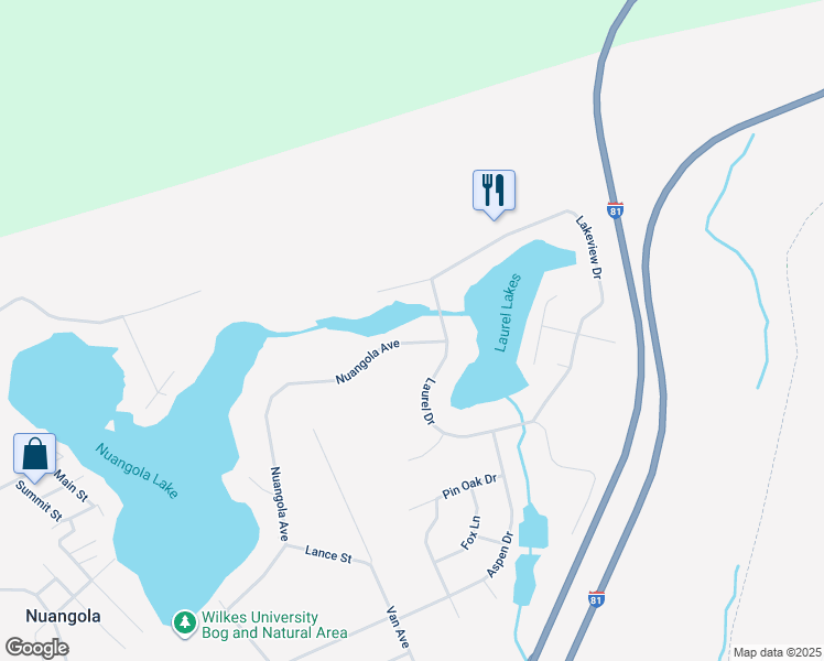 map of restaurants, bars, coffee shops, grocery stores, and more near 165 Nuangola Drive in Mountain Top