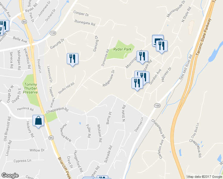 map of restaurants, bars, coffee shops, grocery stores, and more near 197 Chappaqua Road in Briarcliff Manor