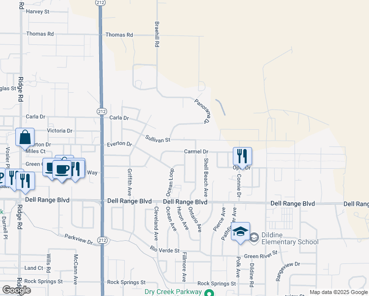 map of restaurants, bars, coffee shops, grocery stores, and more near 4520 Carmel Drive in Cheyenne