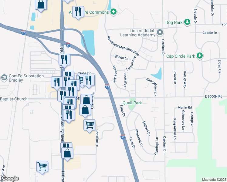 map of restaurants, bars, coffee shops, grocery stores, and more near 1241 James Court in Bourbonnais