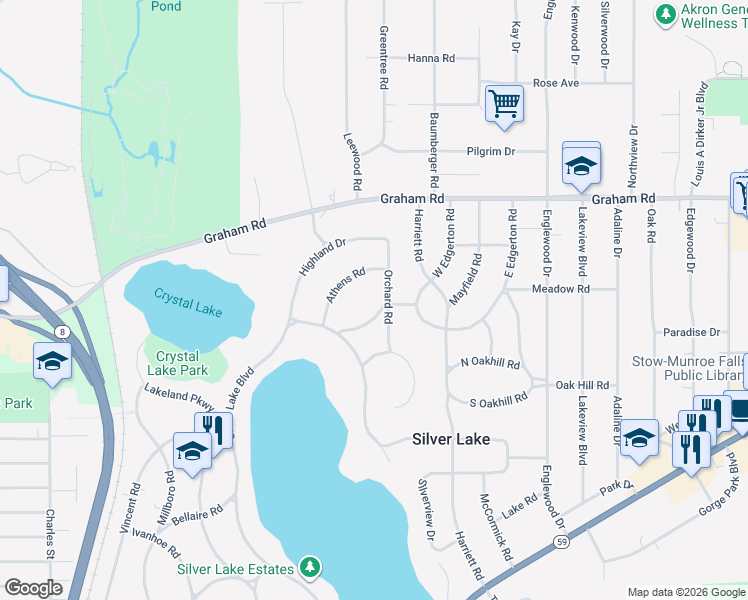 map of restaurants, bars, coffee shops, grocery stores, and more near 3086 Markle Drive in Silver Lake