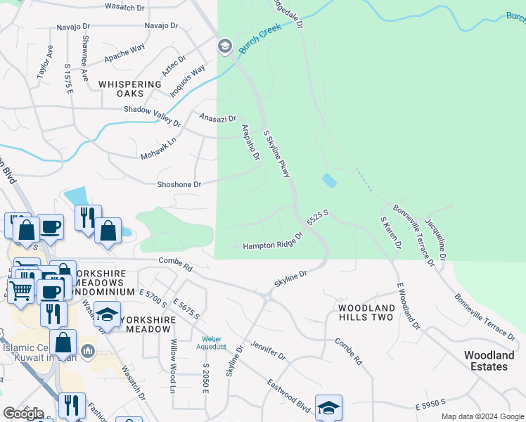 map of restaurants, bars, coffee shops, grocery stores, and more near 5524 Elderberry Court in Ogden