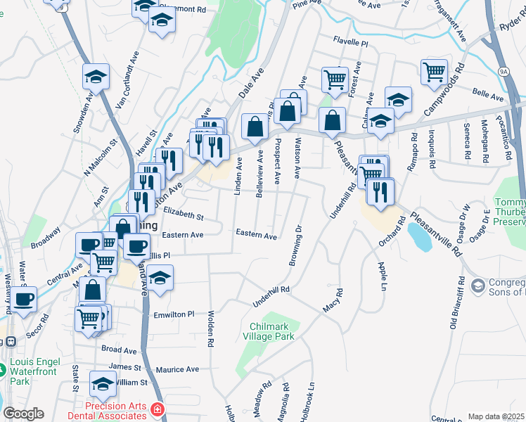 map of restaurants, bars, coffee shops, grocery stores, and more near 49 Belleview Avenue in Ossining