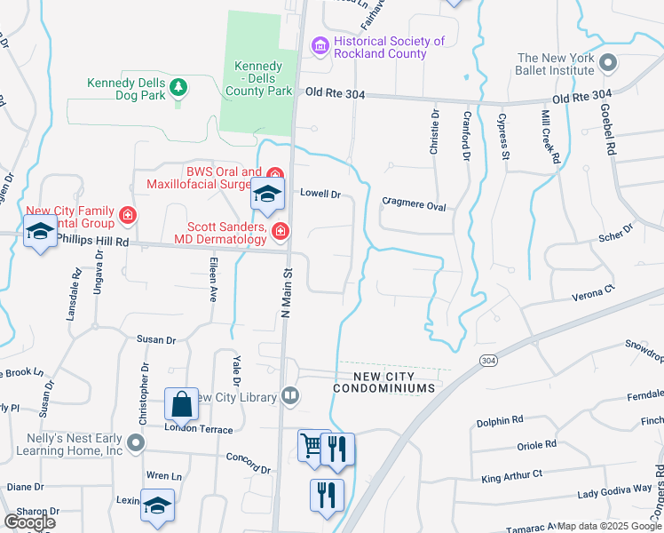 map of restaurants, bars, coffee shops, grocery stores, and more near 40 Lowell Drive in New City