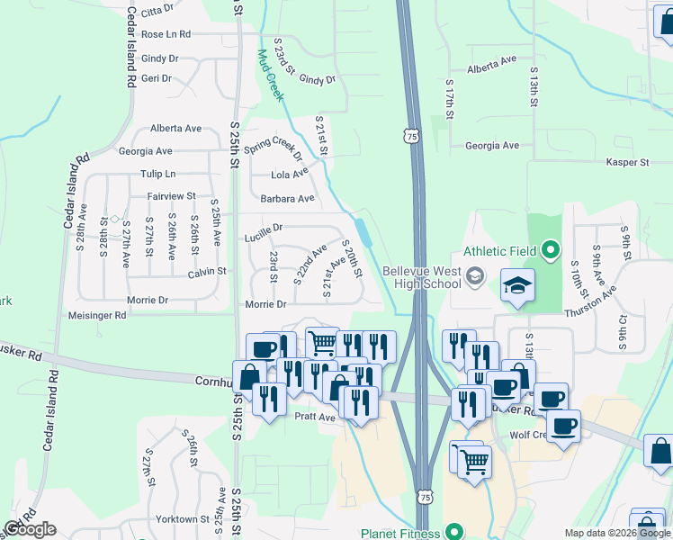 map of restaurants, bars, coffee shops, grocery stores, and more near 9809 South 21st Circle in Bellevue