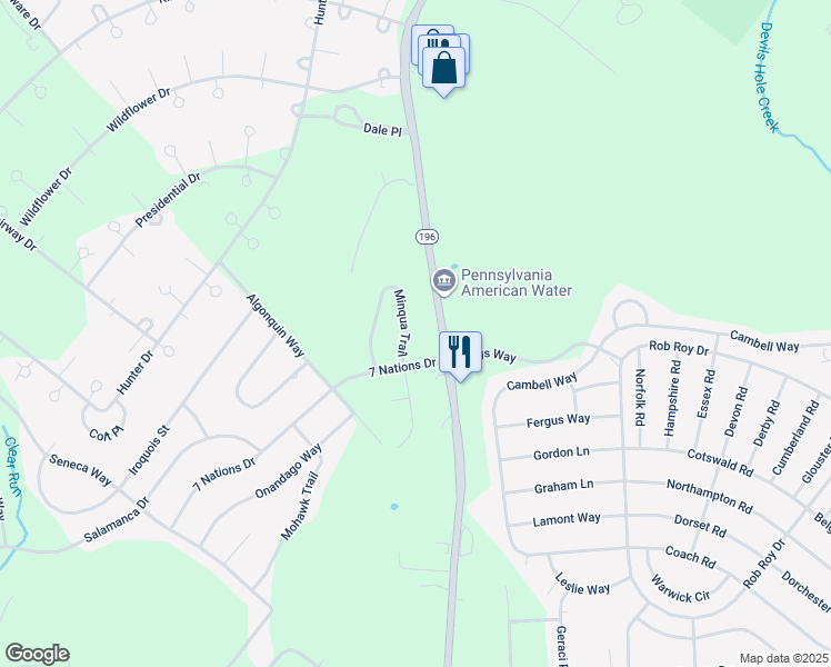 map of restaurants, bars, coffee shops, grocery stores, and more near 2059 Minqua Trail in Tobyhanna
