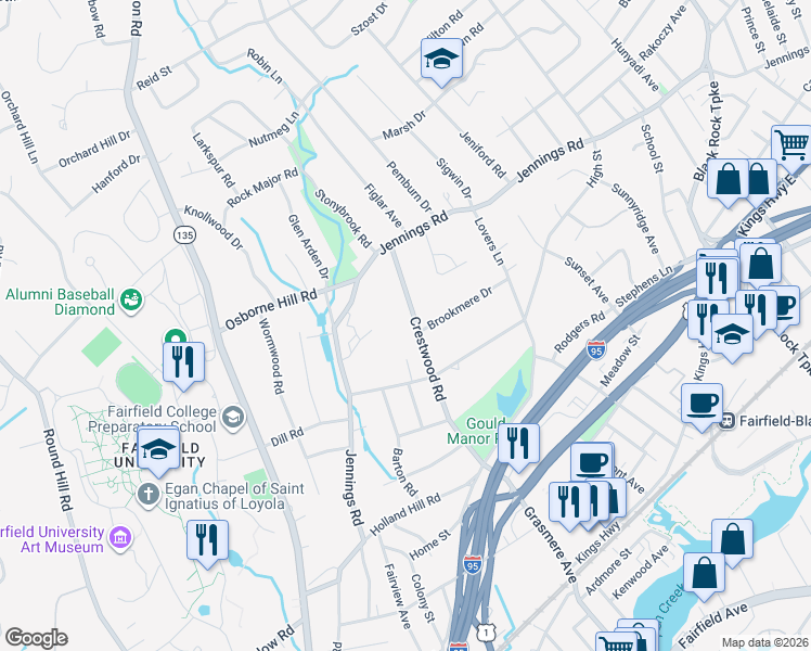 map of restaurants, bars, coffee shops, grocery stores, and more near 315 Crestwood Road in Fairfield