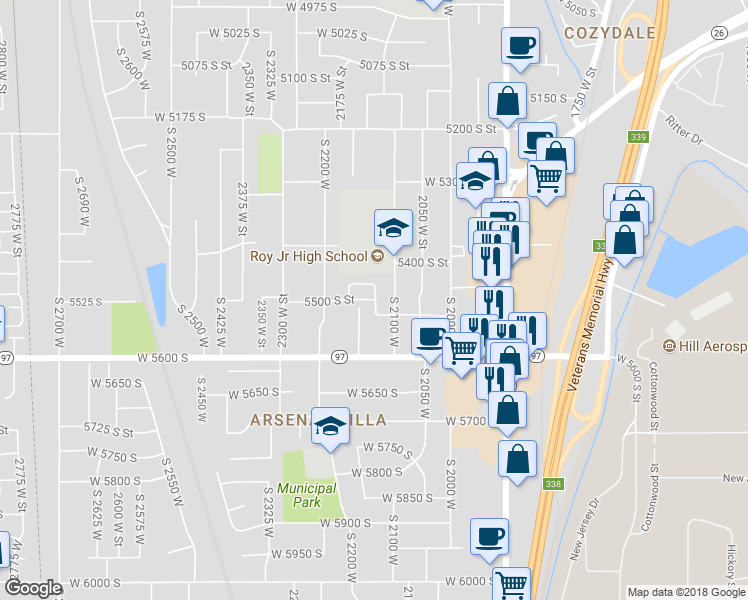 map of restaurants, bars, coffee shops, grocery stores, and more near 2151 5500 South Street in Roy