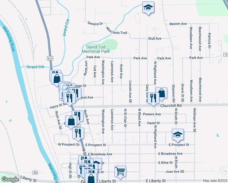 map of restaurants, bars, coffee shops, grocery stores, and more near 821 Krehl Avenue in Girard