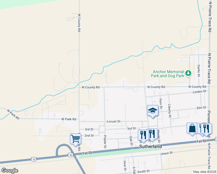 map of restaurants, bars, coffee shops, grocery stores, and more near 1264 North County Road in Sutherland