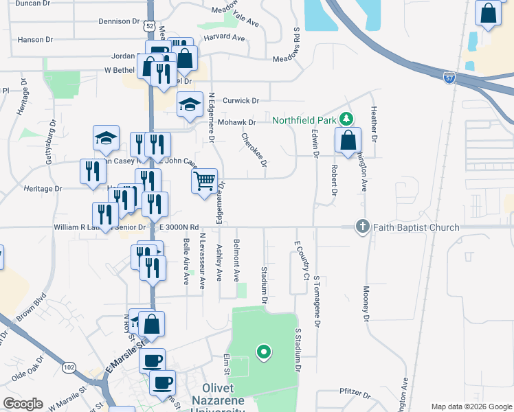 map of restaurants, bars, coffee shops, grocery stores, and more near 915 Armour Road in Bourbonnais