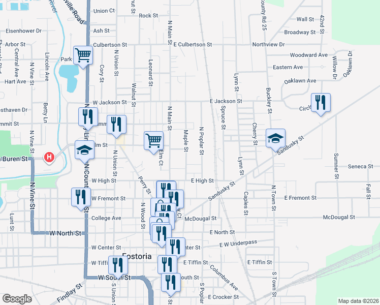 map of restaurants, bars, coffee shops, grocery stores, and more near 580 Maple Street in Fostoria