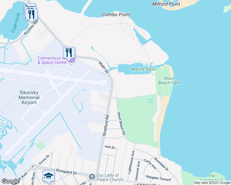 map of restaurants, bars, coffee shops, grocery stores, and more near 155 Short Beach Road in Stratford