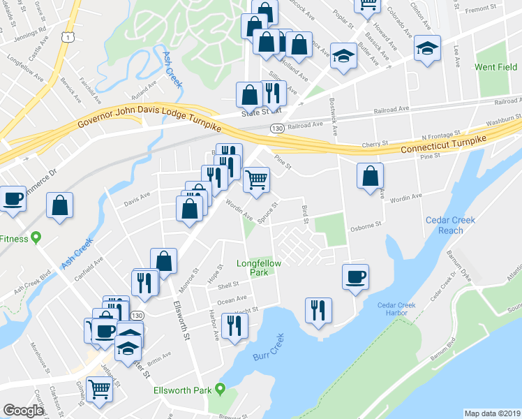 map of restaurants, bars, coffee shops, grocery stores, and more near 240 Ocean Terrace in Bridgeport
