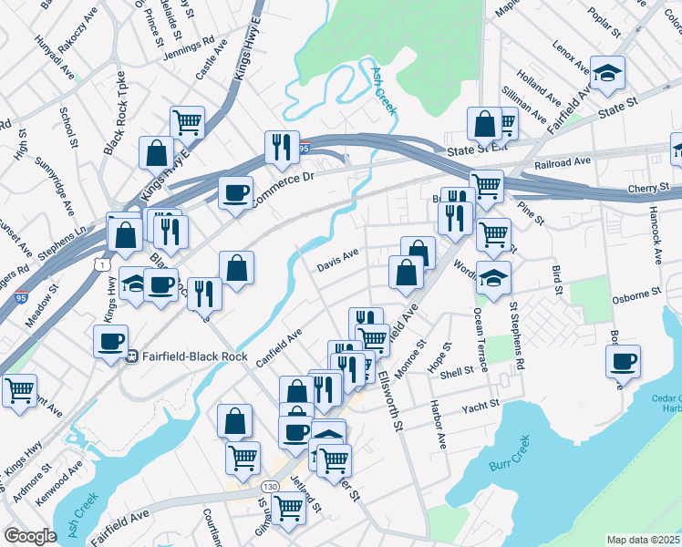 map of restaurants, bars, coffee shops, grocery stores, and more near 287 Hansen Avenue in Bridgeport