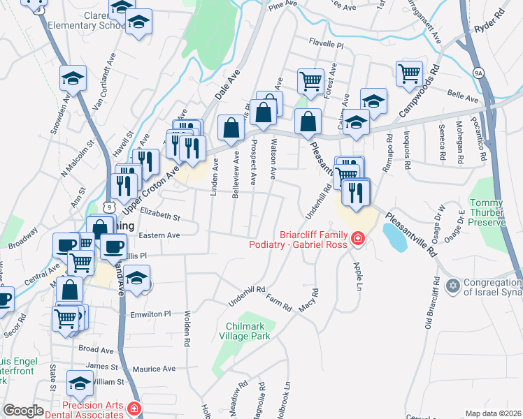 map of restaurants, bars, coffee shops, grocery stores, and more near 44 Watson Avenue in Ossining