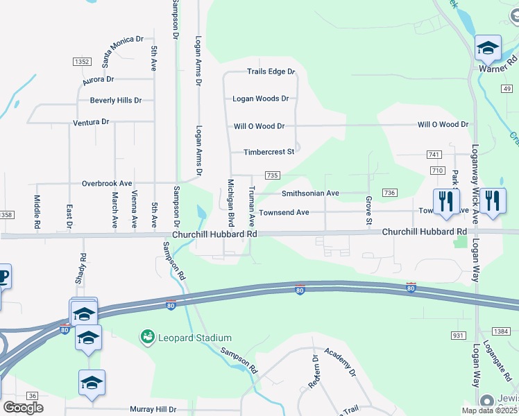 map of restaurants, bars, coffee shops, grocery stores, and more near 4765 Truman Avenue in Youngstown