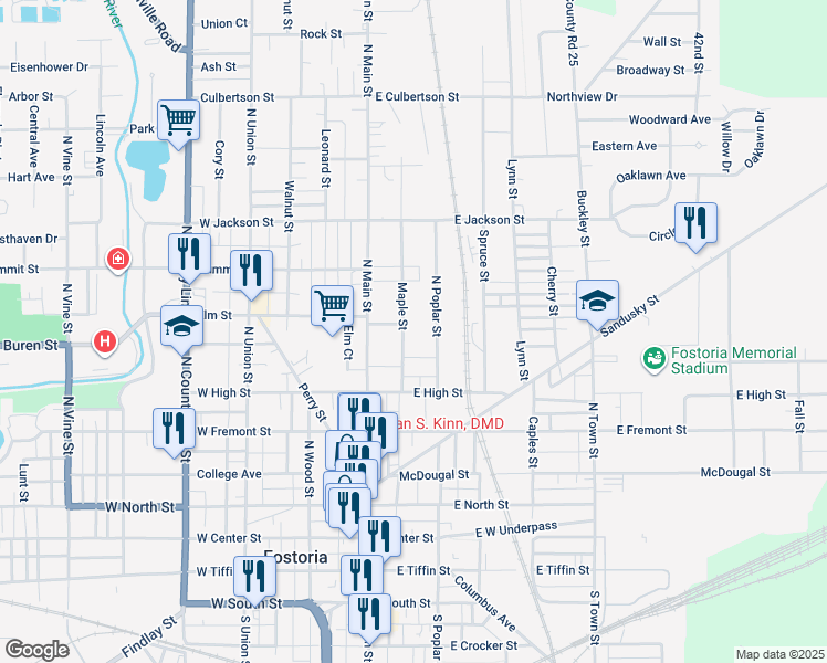 map of restaurants, bars, coffee shops, grocery stores, and more near 543 North Poplar Street in Fostoria