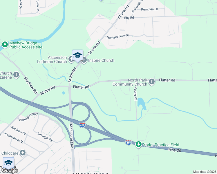 map of restaurants, bars, coffee shops, grocery stores, and more near 6900 Flutter Road in Fort Wayne