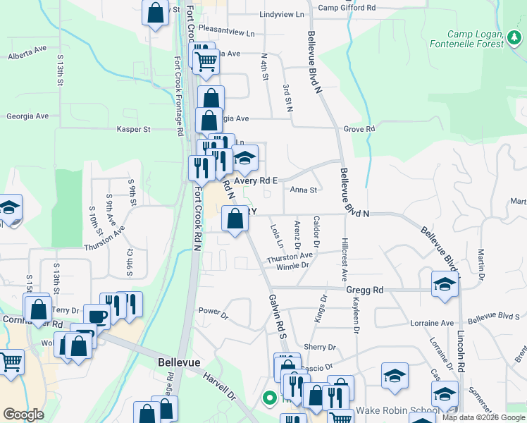 map of restaurants, bars, coffee shops, grocery stores, and more near 213 Lois Lane in Bellevue