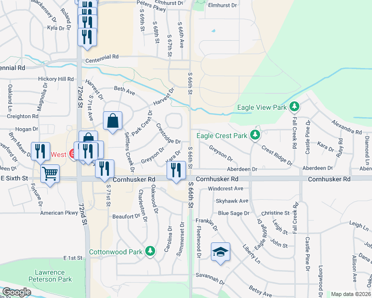 map of restaurants, bars, coffee shops, grocery stores, and more near 6667 Kara Drive in Papillion