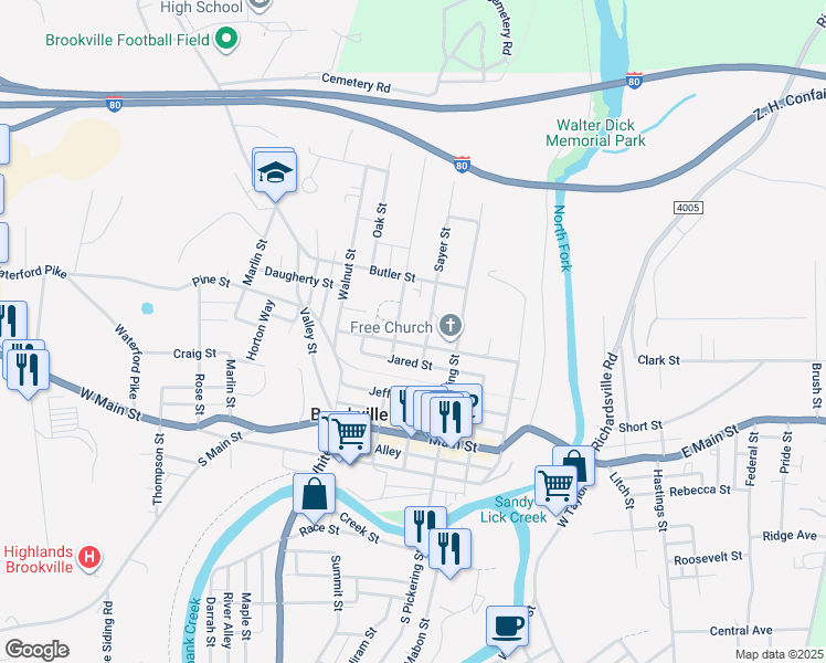 map of restaurants, bars, coffee shops, grocery stores, and more near 280 Church Street in Brookville