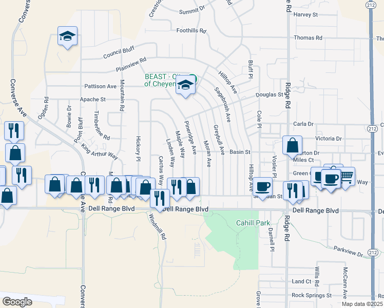 map of restaurants, bars, coffee shops, grocery stores, and more near 4764 Pineridge Ave in Cheyenne