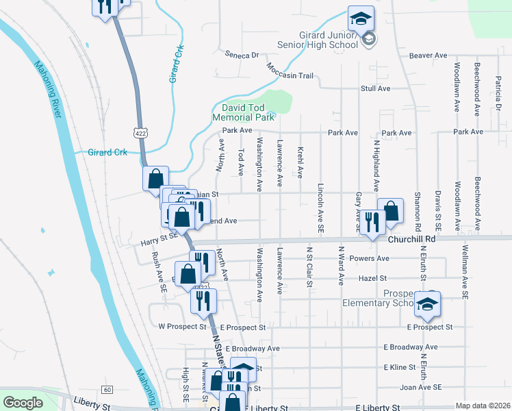 map of restaurants, bars, coffee shops, grocery stores, and more near 152 Townsend Avenue in Girard