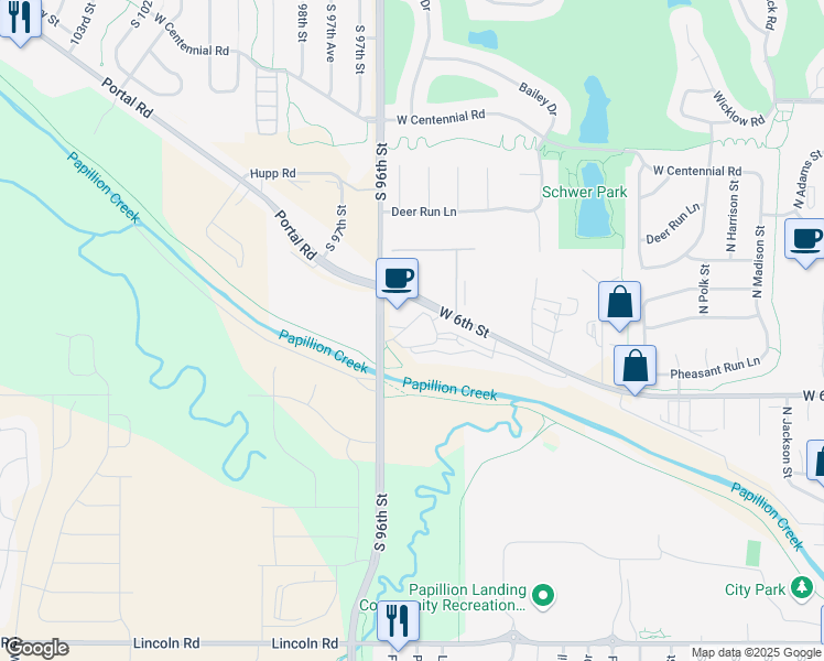 map of restaurants, bars, coffee shops, grocery stores, and more near 1341 West 6th Street in Papillion