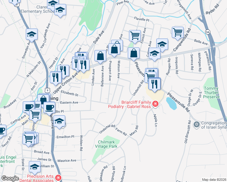 map of restaurants, bars, coffee shops, grocery stores, and more near 44 Watson Avenue in Ossining