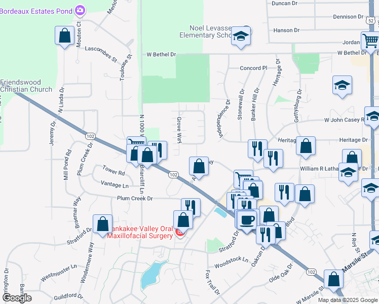 map of restaurants, bars, coffee shops, grocery stores, and more near 100 Jones Drive in Bourbonnais