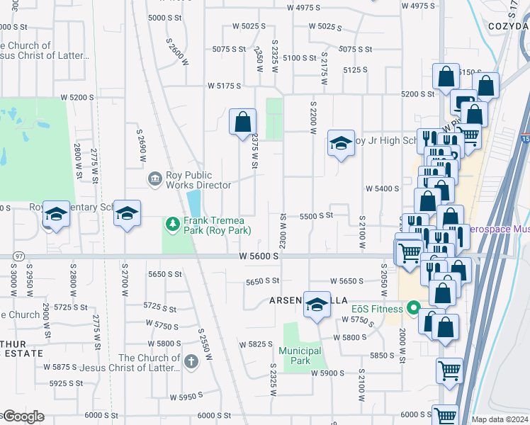 map of restaurants, bars, coffee shops, grocery stores, and more near 5499 South 2350 West in Roy
