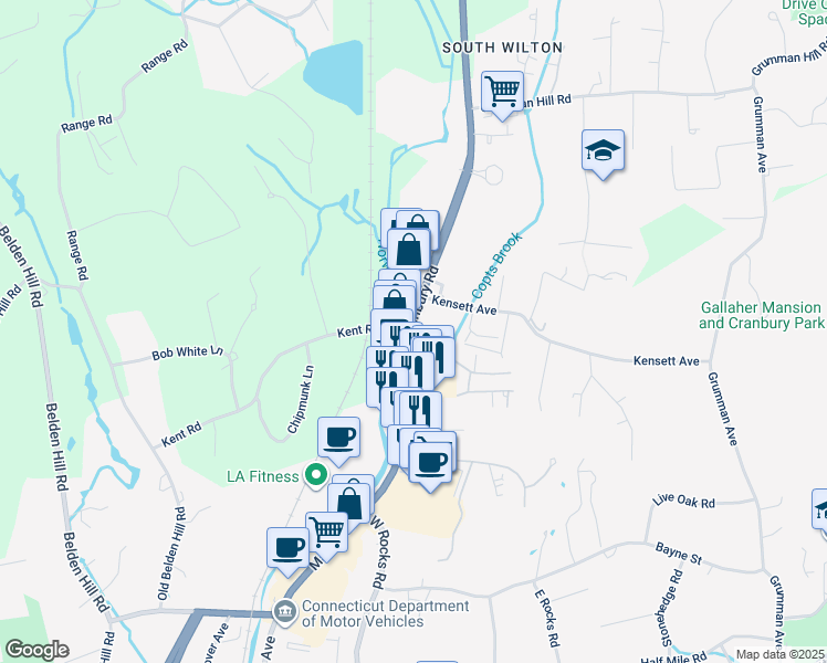 map of restaurants, bars, coffee shops, grocery stores, and more near 19 Danbury Road in Wilton