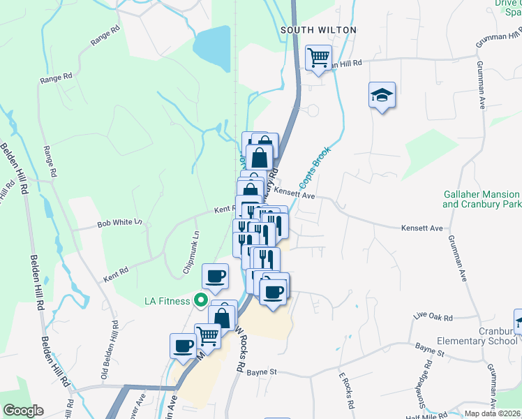 map of restaurants, bars, coffee shops, grocery stores, and more near 19 Danbury Road in Wilton