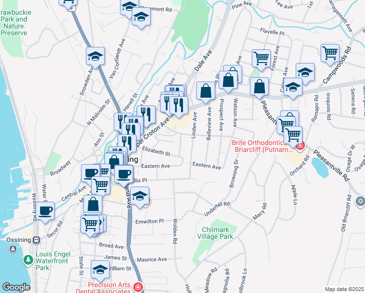 map of restaurants, bars, coffee shops, grocery stores, and more near 40 Elizabeth Street in Ossining
