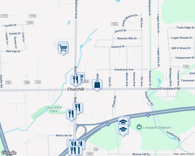 map of restaurants, bars, coffee shops, grocery stores, and more near 4523 Middle Road in Girard