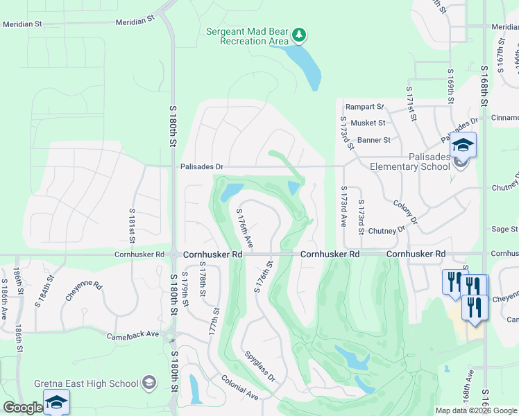 map of restaurants, bars, coffee shops, grocery stores, and more near 17616 Troon Circle in Omaha