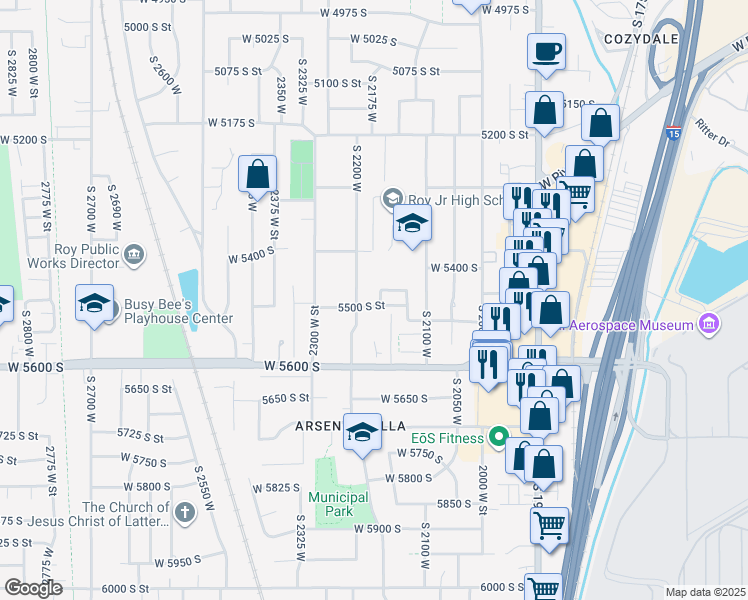 map of restaurants, bars, coffee shops, grocery stores, and more near 2184 5500 South Street in Roy