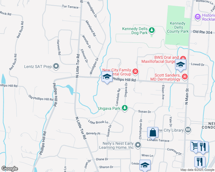 map of restaurants, bars, coffee shops, grocery stores, and more near 121 Phillips Hill Road in New City
